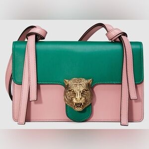 Limited edition Gucci Animalier tiger head in pink & green calfskin leather